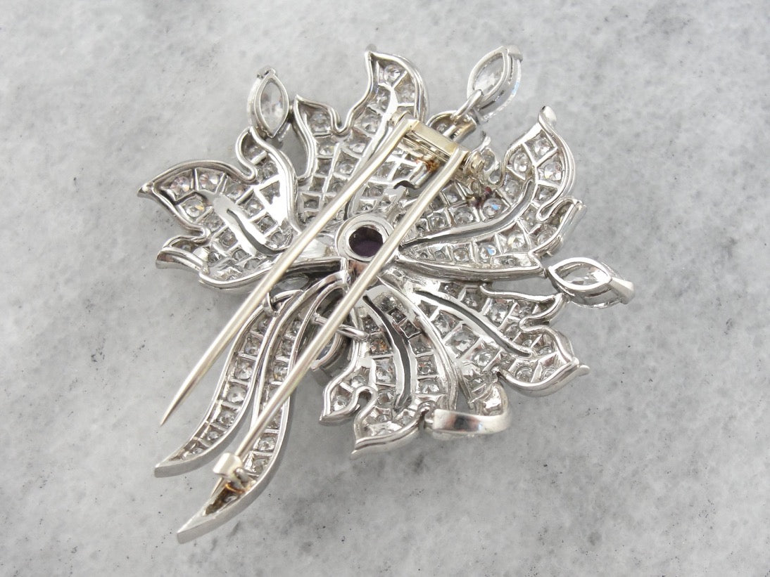 Spectacular Pink Sapphire and Diamond Retro Era Platinum Brooch