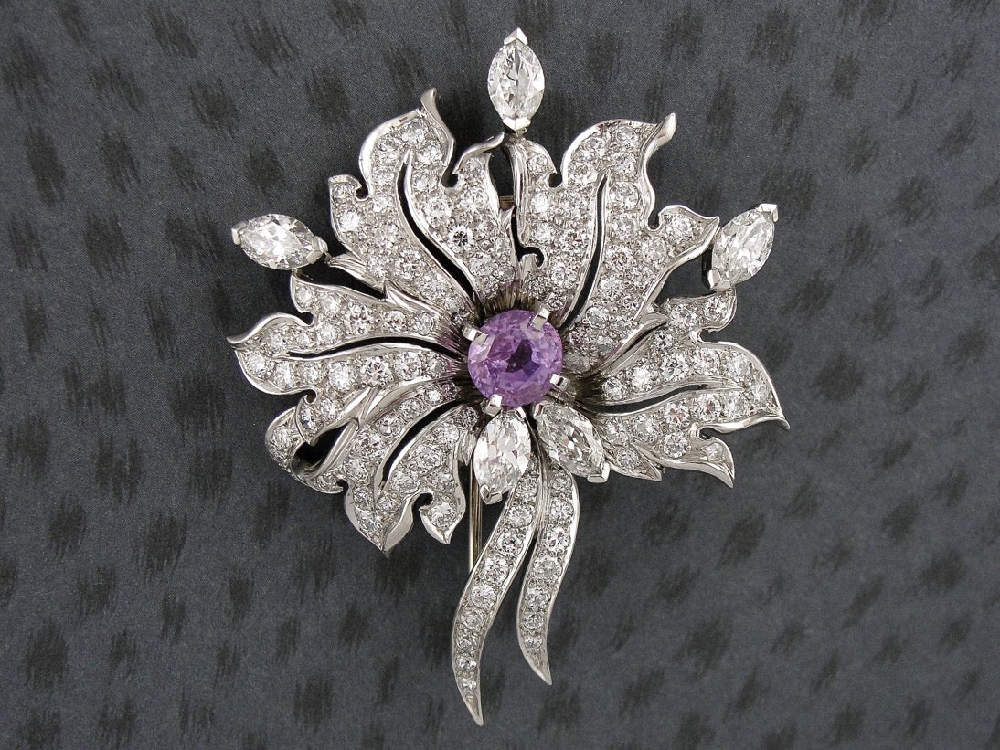 Spectacular Pink Sapphire and Diamond Retro Era Platinum Brooch
