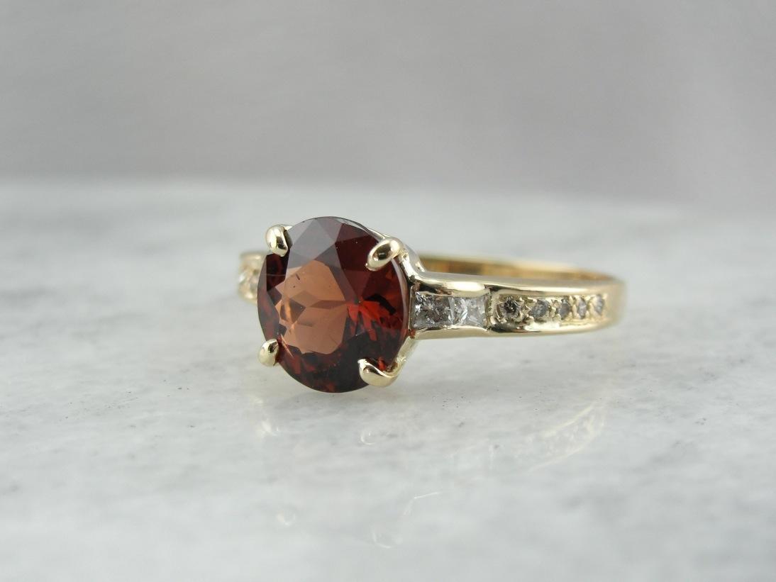 Hessonite Garnet and Diamond Gold Ring