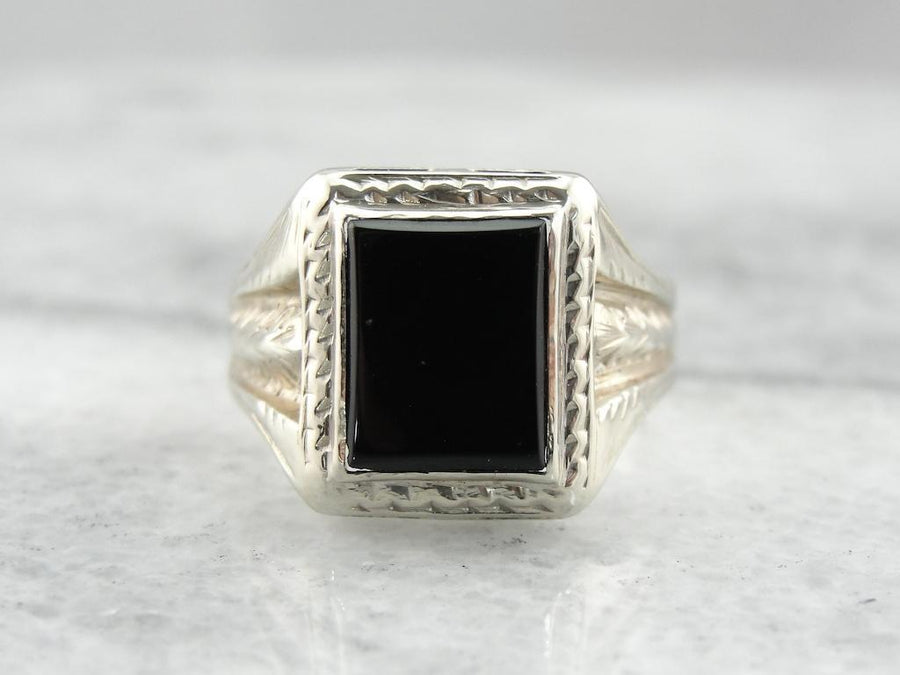 Vintage White Gold and Onyx Decorative Mens Ring