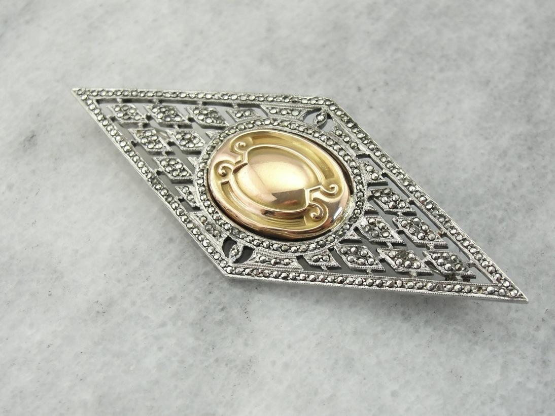 Hand Set Marcasite Brooch with Gold Center