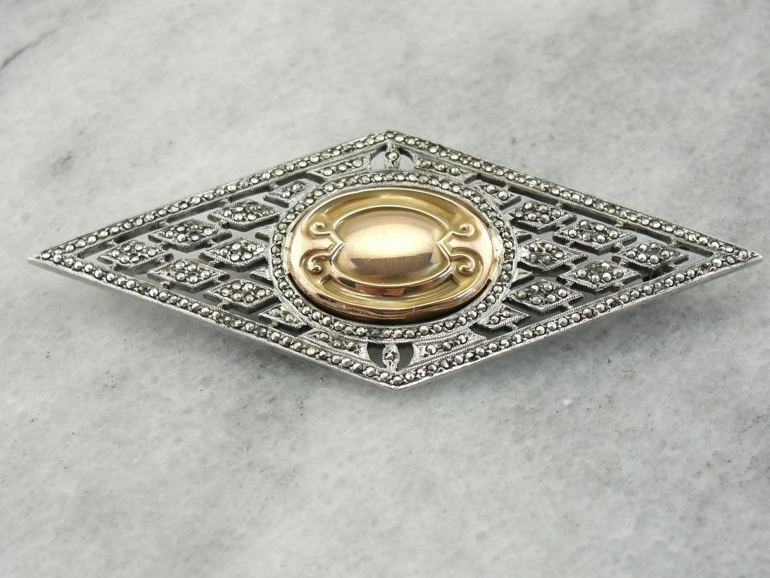 Hand Set Marcasite Brooch with Gold Center