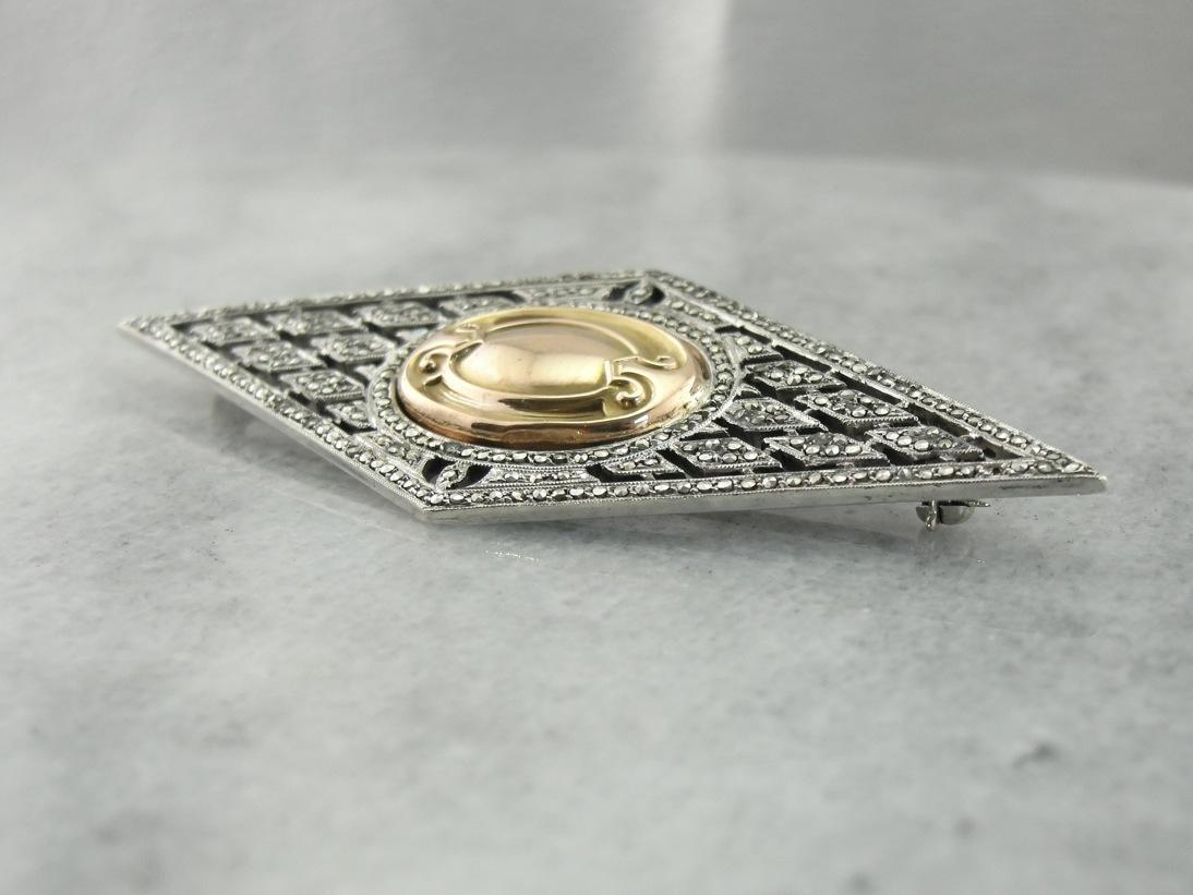 Hand Set Marcasite Brooch with Gold Center