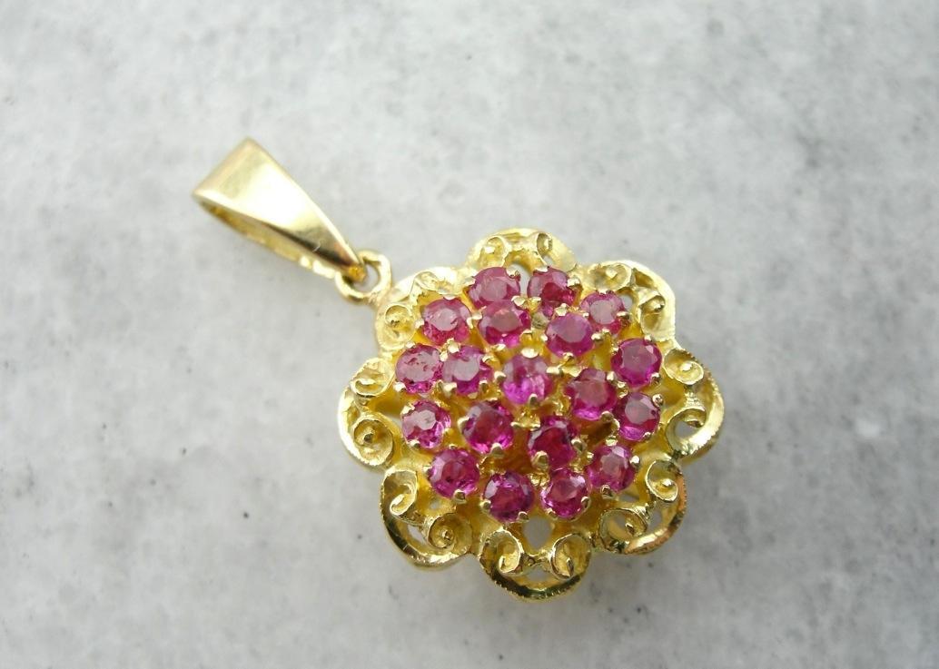 Atomic Rubies: Vintage HIgh Karat Gold and Ruby Cluster Pendant