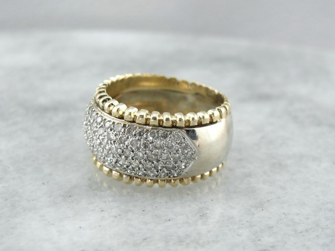 Wide Diamond Studded Cocktail Band with Gold Trim