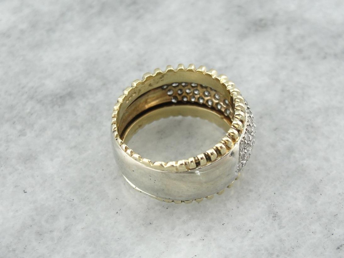 Wide Diamond Studded Cocktail Band with Gold Trim