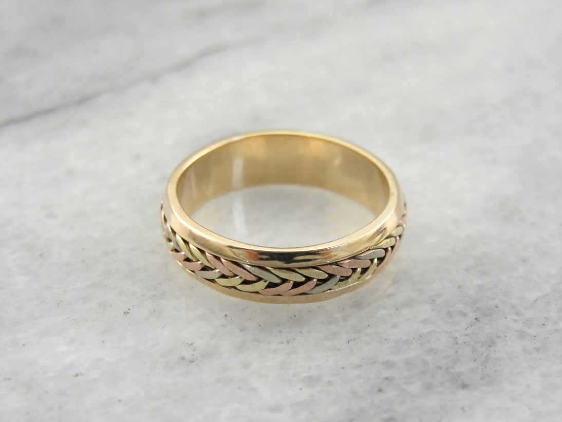 Vintage Multi Color Gold Wedding Band with Woven Center