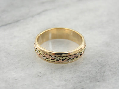 Vintage Multi Color Gold Wedding Band with Woven Center