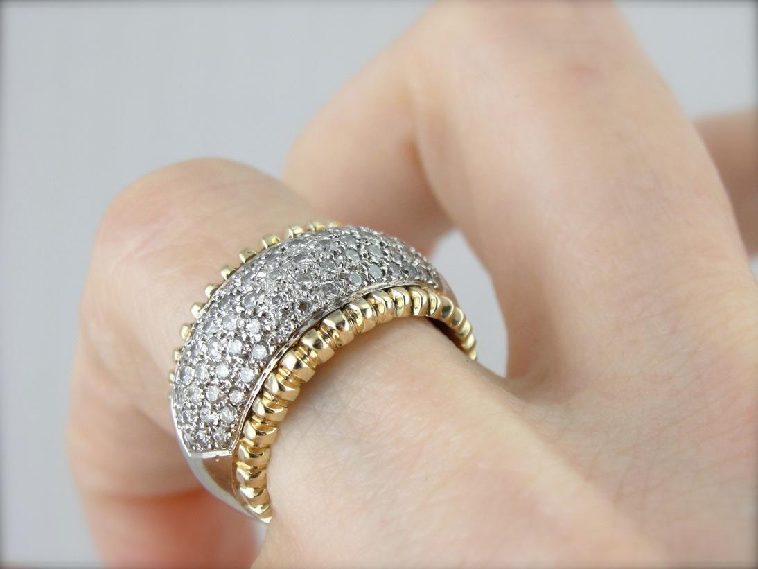 Wide Diamond Studded Cocktail Band with Gold Trim