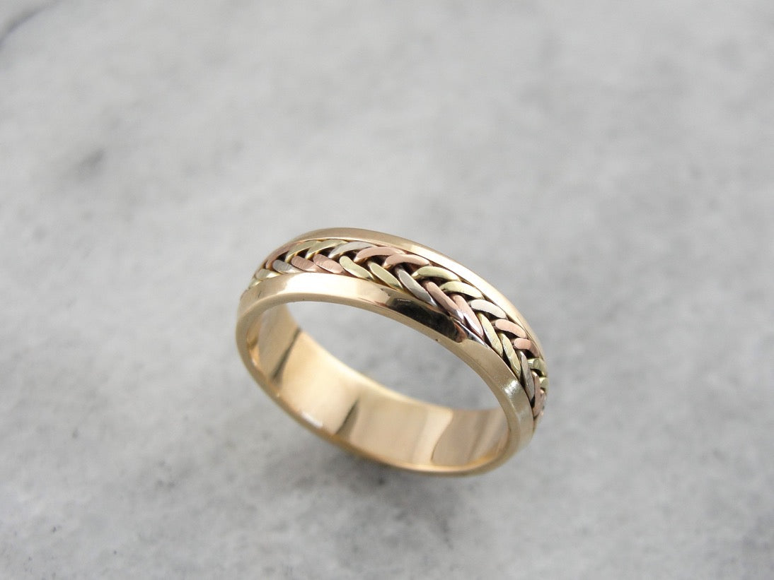 Vintage Multi Color Gold Wedding Band with Woven Center