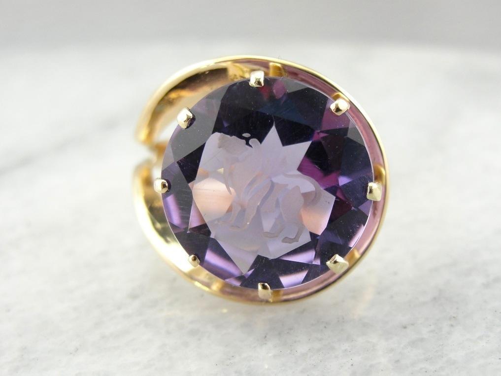 Spectacular Leonine Cocktail Ring with Etched Amethyst, Circa 1960's