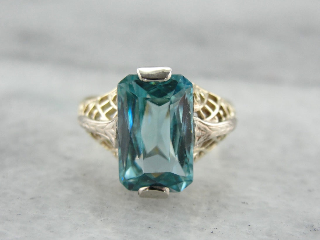 Blue Zircon Cocktail Ring in Two Tone Gold Filigree Setting