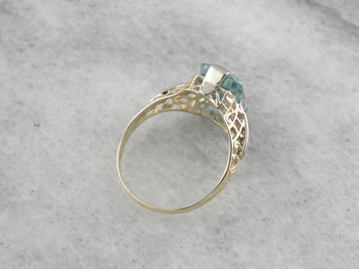 Blue Zircon Cocktail Ring in Two Tone Gold Filigree Setting