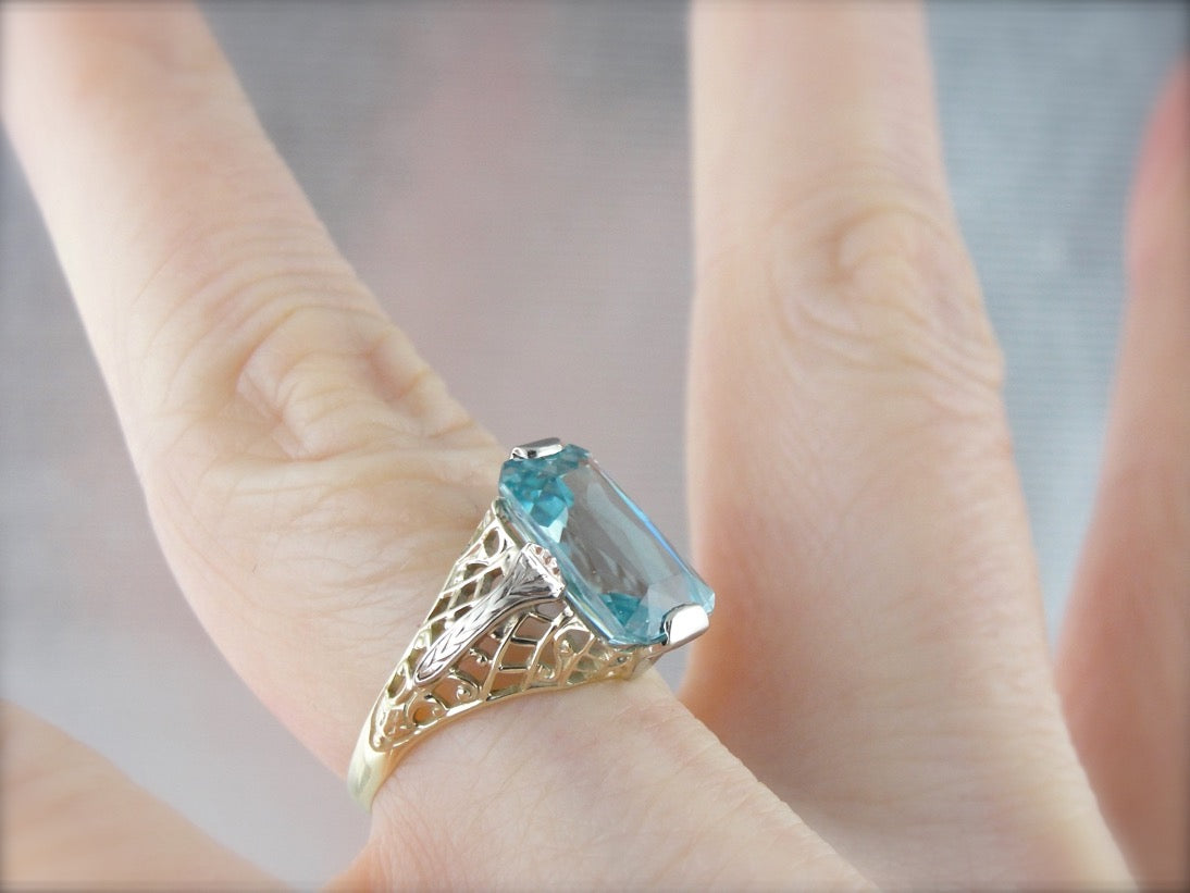 Blue Zircon Cocktail Ring in Two Tone Gold Filigree Setting