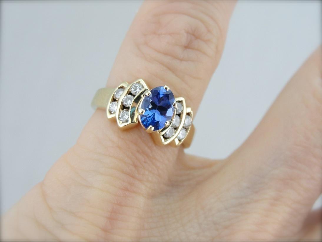 Sweeping Tanzanite and Diamond Ring for Day or Night