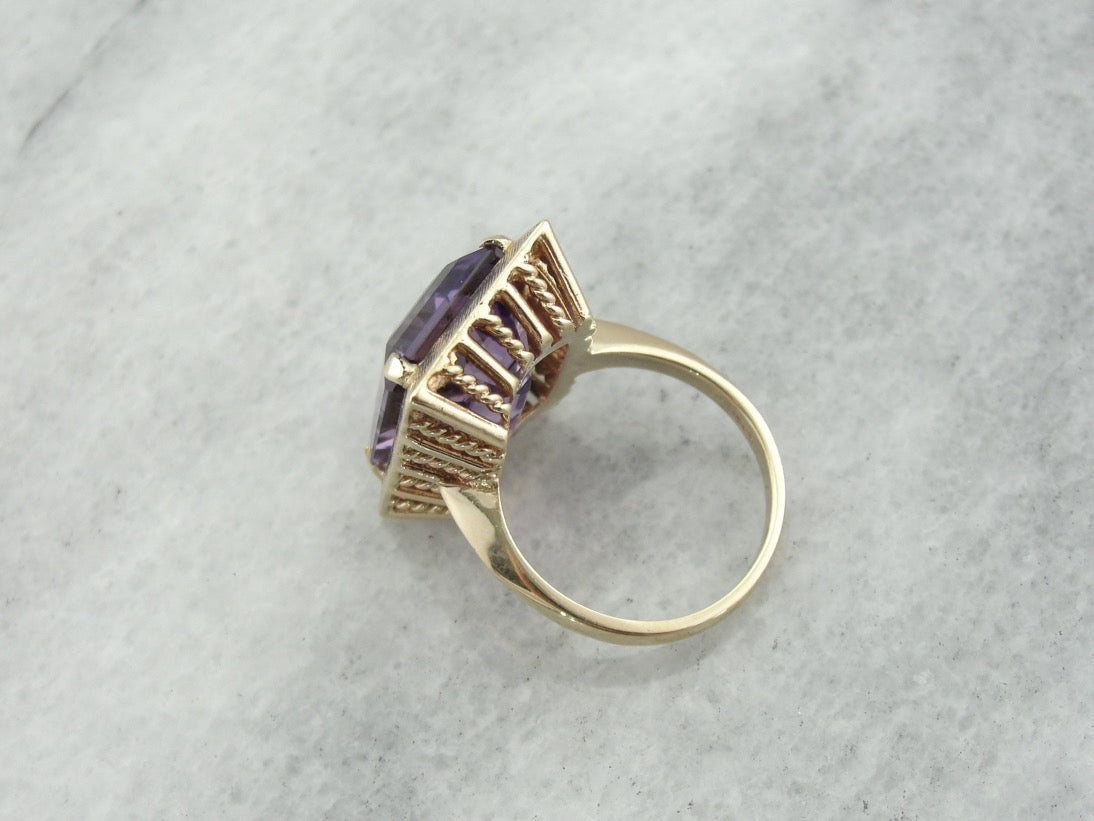 1970's Amethyst Cocktail Ring with Perfect Brushed Finish, Yellow Gold Frame