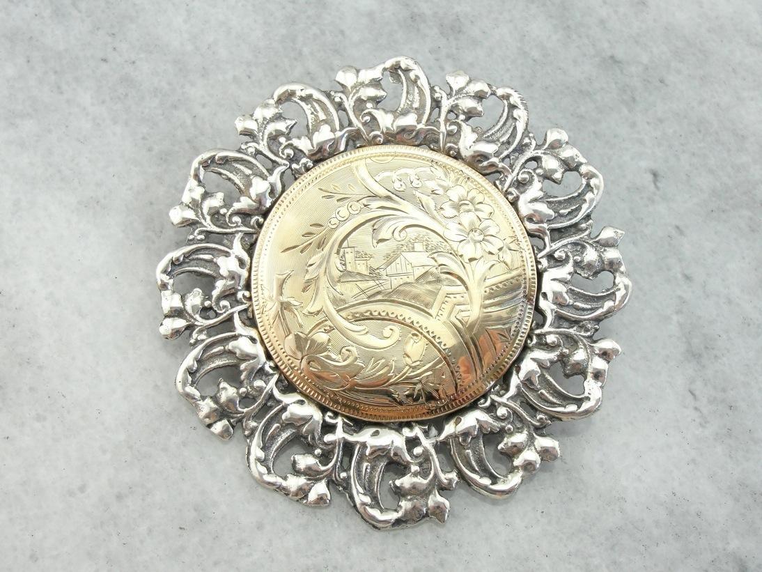 Beautifully Etched Landscape Brooch