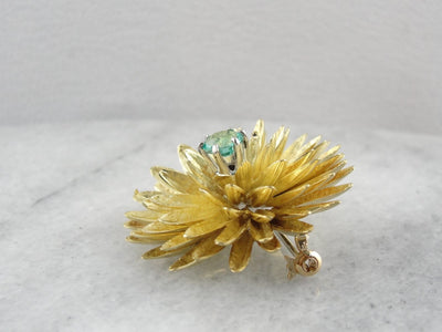 Flower Brooch with Bright Emerald Center, Textured High Karat Yellow Gold