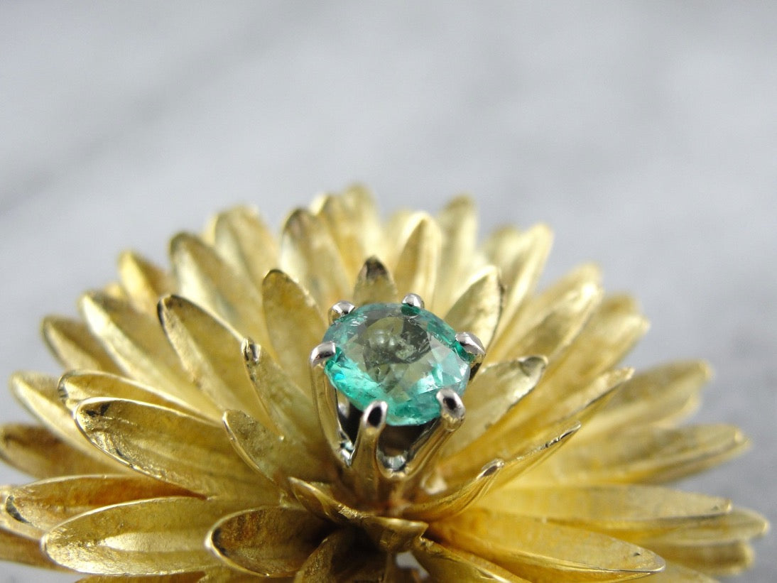 Flower Brooch with Bright Emerald Center, Textured High Karat Yellow Gold