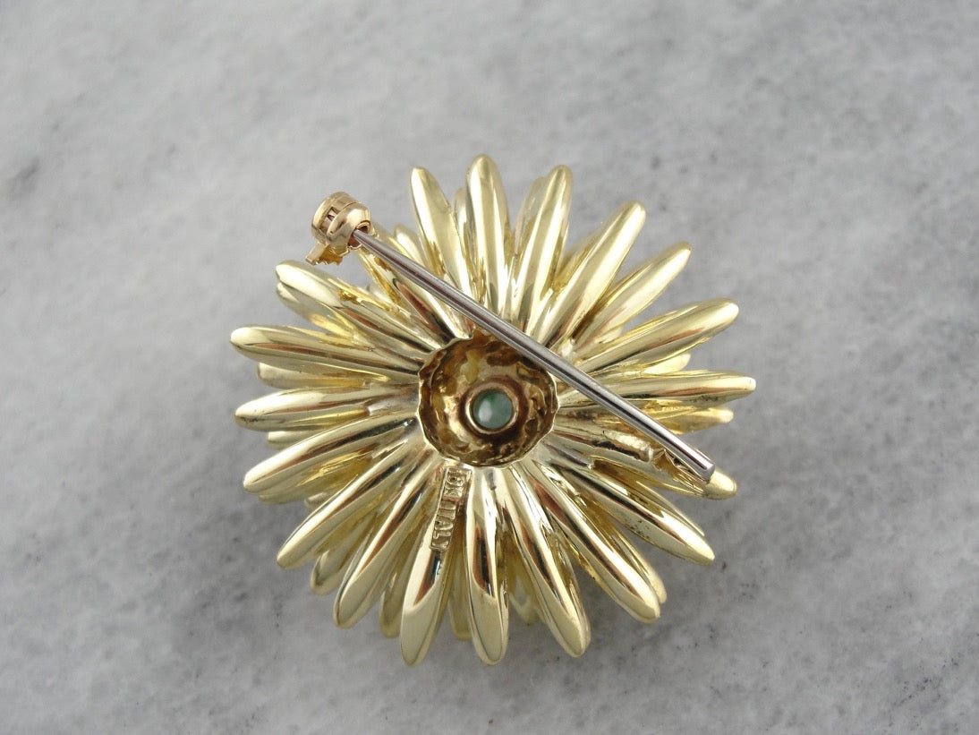 Flower Brooch with Bright Emerald Center, Textured High Karat Yellow Gold