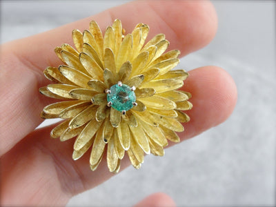 Flower Brooch with Bright Emerald Center, Textured High Karat Yellow Gold