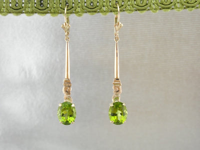 Long Peridot Drop Earrings, Made with Victorian Era Bars