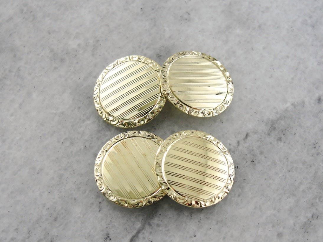 Green Gold Cufflinks, Engraved Circular Discs from the Late Art Deco Period