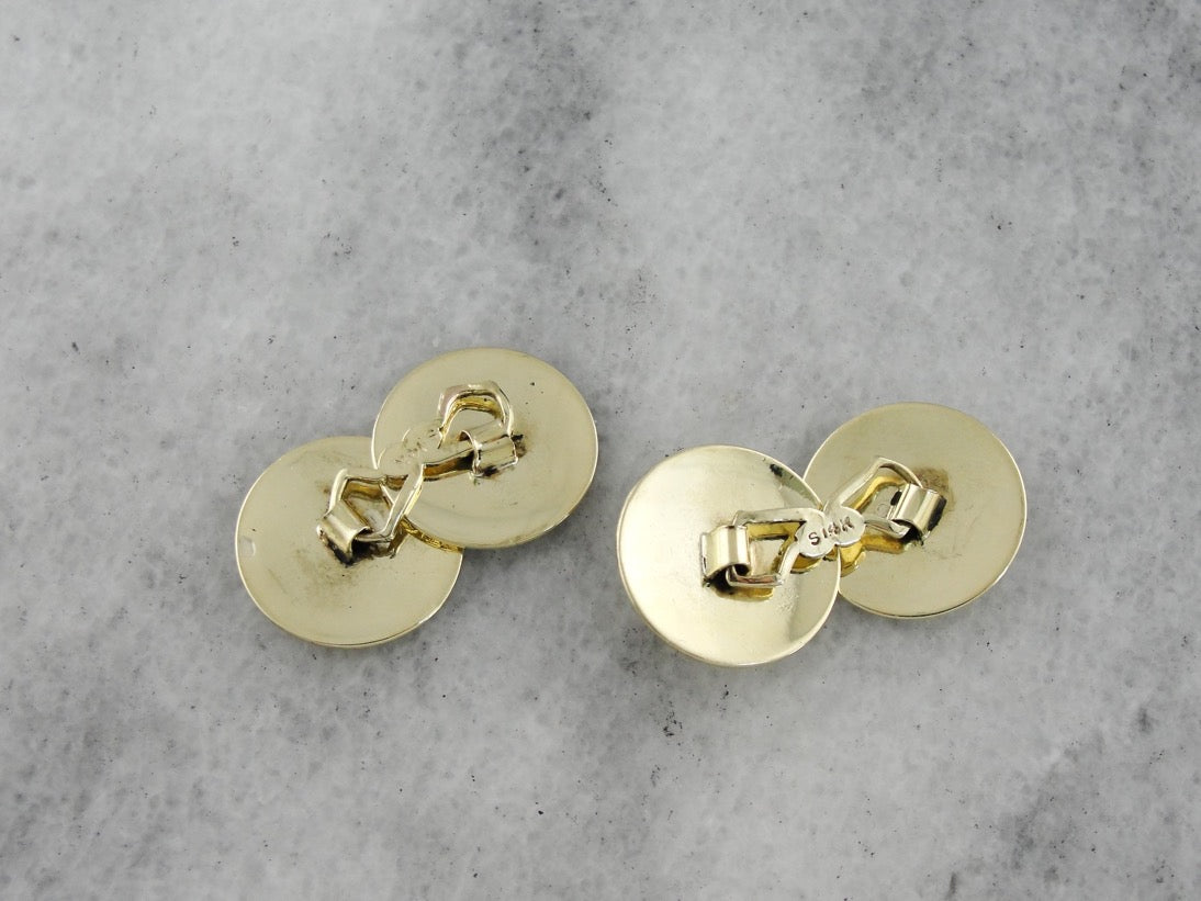 Green Gold Cufflinks, Engraved Circular Discs from the Late Art Deco Period