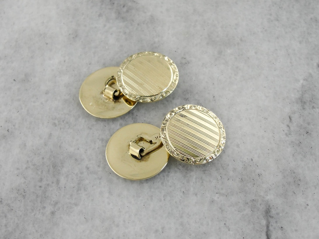 Green Gold Cufflinks, Engraved Circular Discs from the Late Art Deco Period