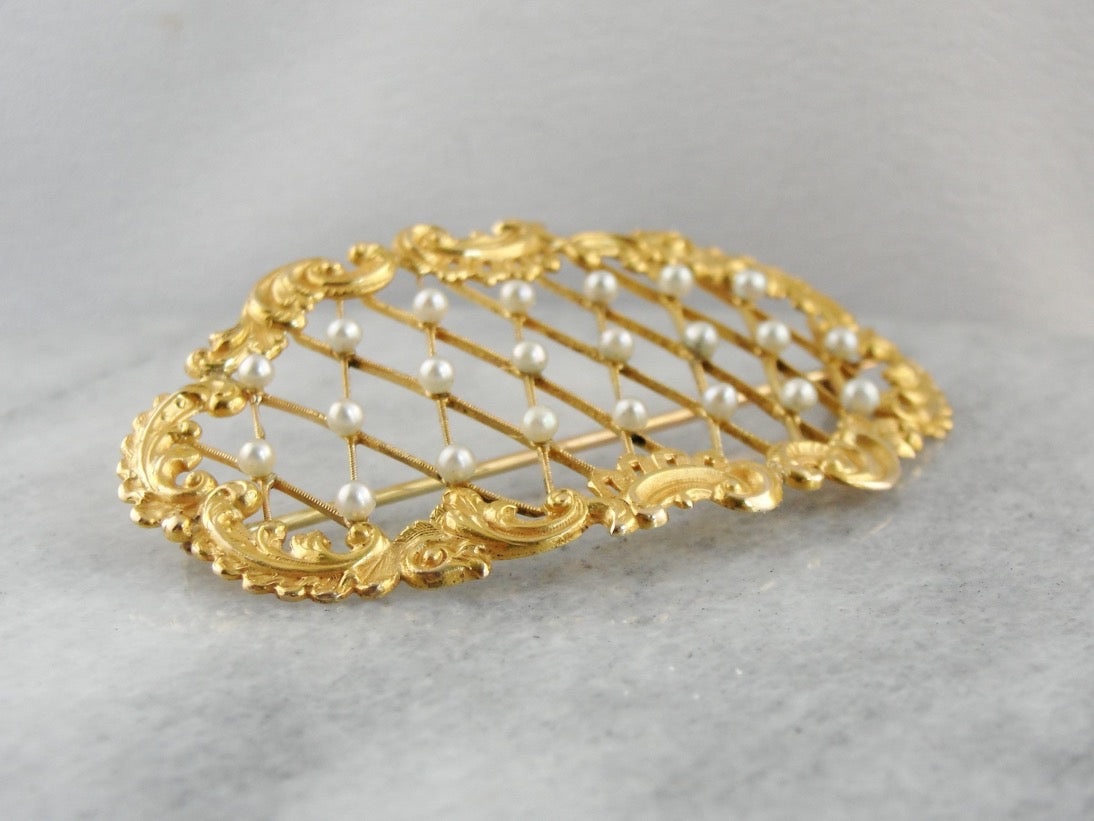 Seed Pearl Curved Brooch Pin or Hairpiece from Victorian Era