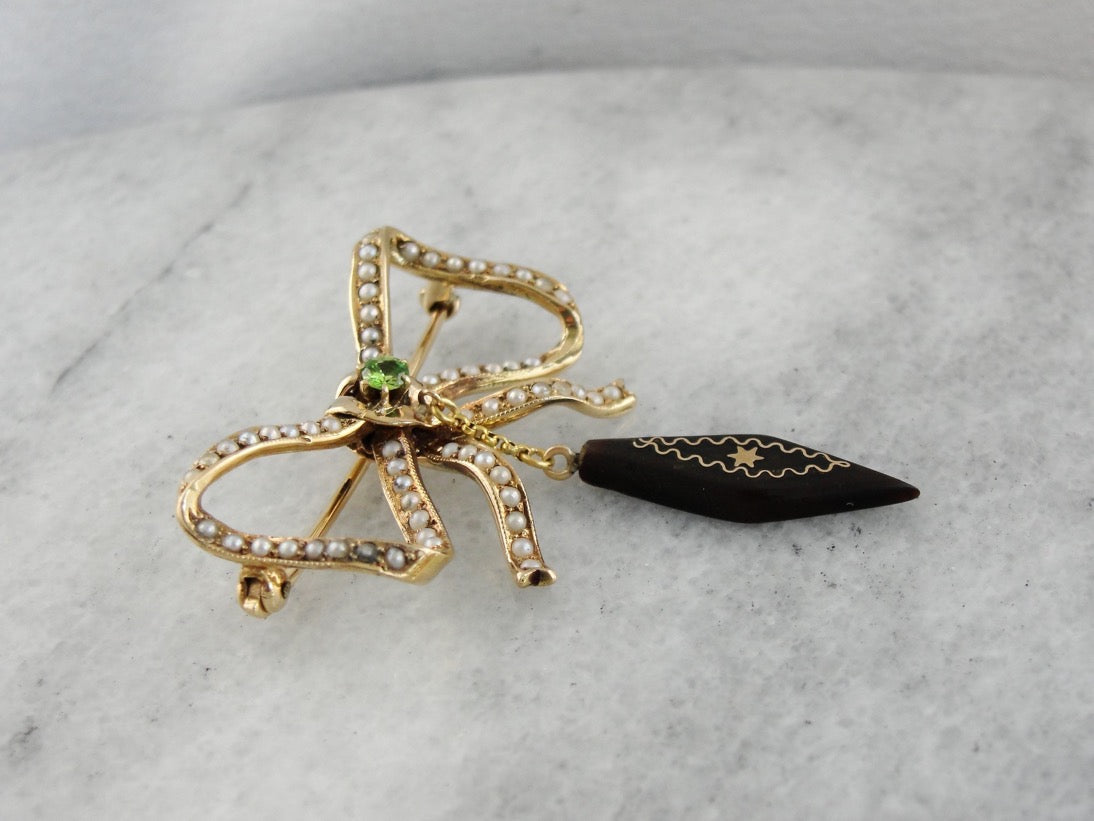 Victorian Bow Brooch with Seed Pearls, Demantoid Garnet and Jet Tassel Pin