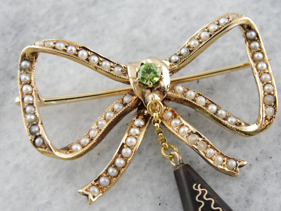 Victorian Bow Brooch with Seed Pearls, Demantoid Garnet and Jet Tassel Pin
