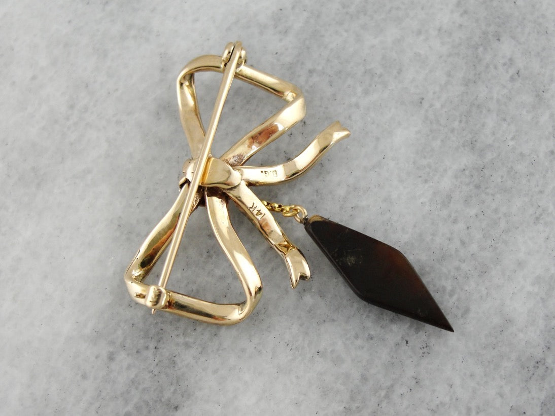 Victorian Bow Brooch with Seed Pearls, Demantoid Garnet and Jet Tassel Pin