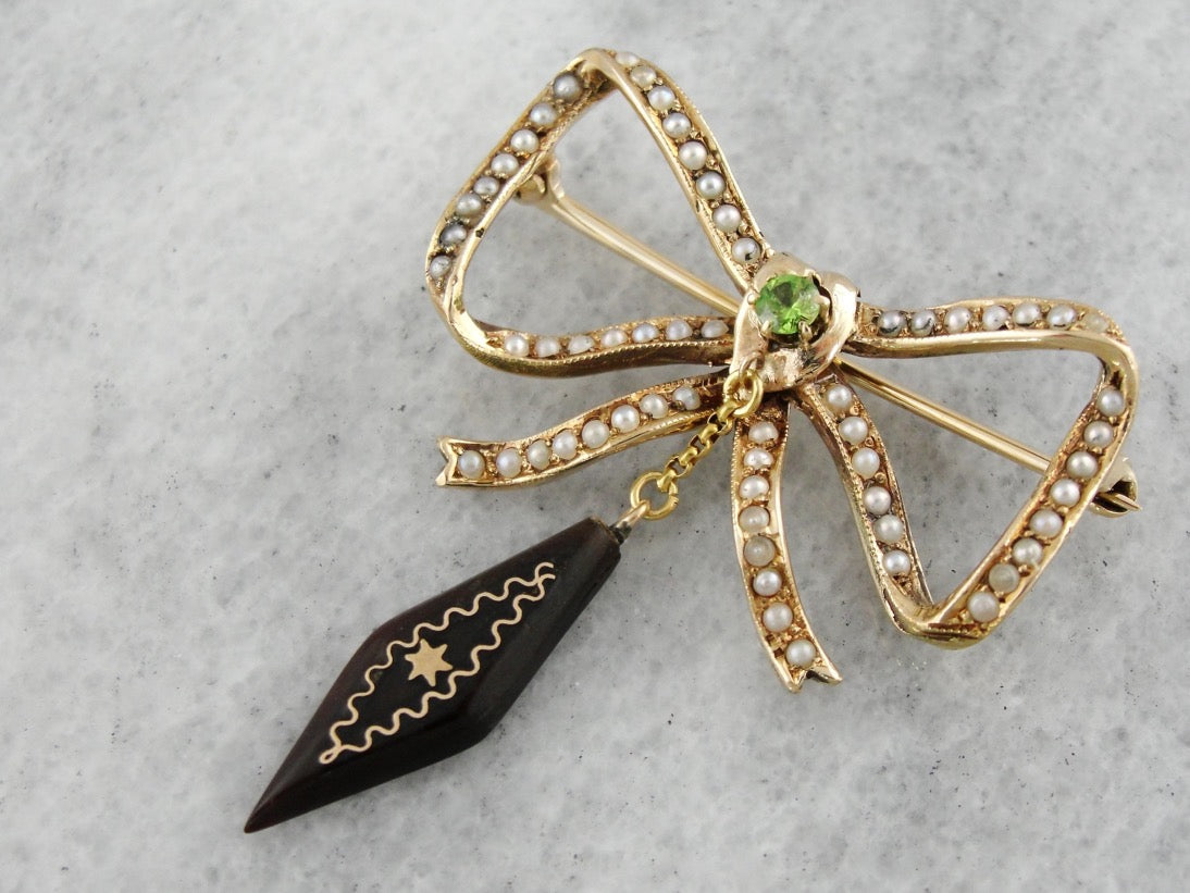 Victorian Bow Brooch with Seed Pearls, Demantoid Garnet and Jet Tassel Pin