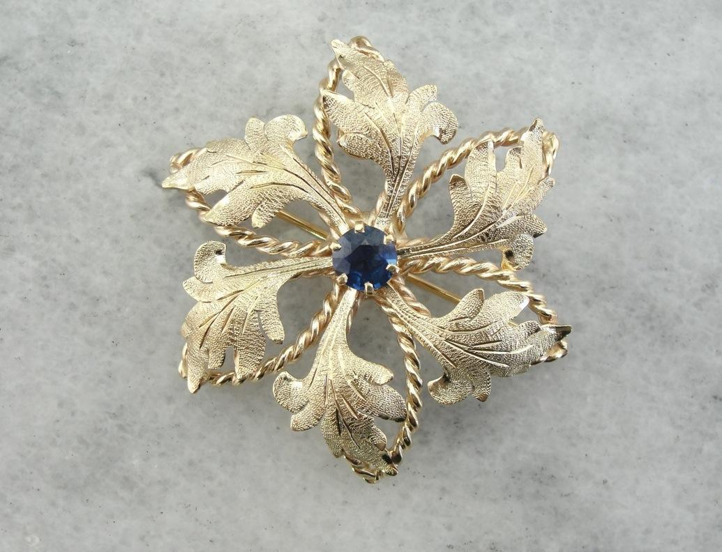 Vintage Floral Brooch or Pendant with Sapphire Center