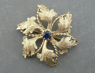 Vintage Floral Brooch or Pendant with Sapphire Center