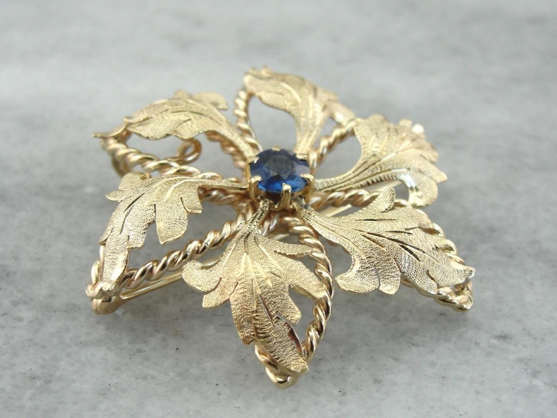 Vintage Floral Brooch or Pendant with Sapphire Center