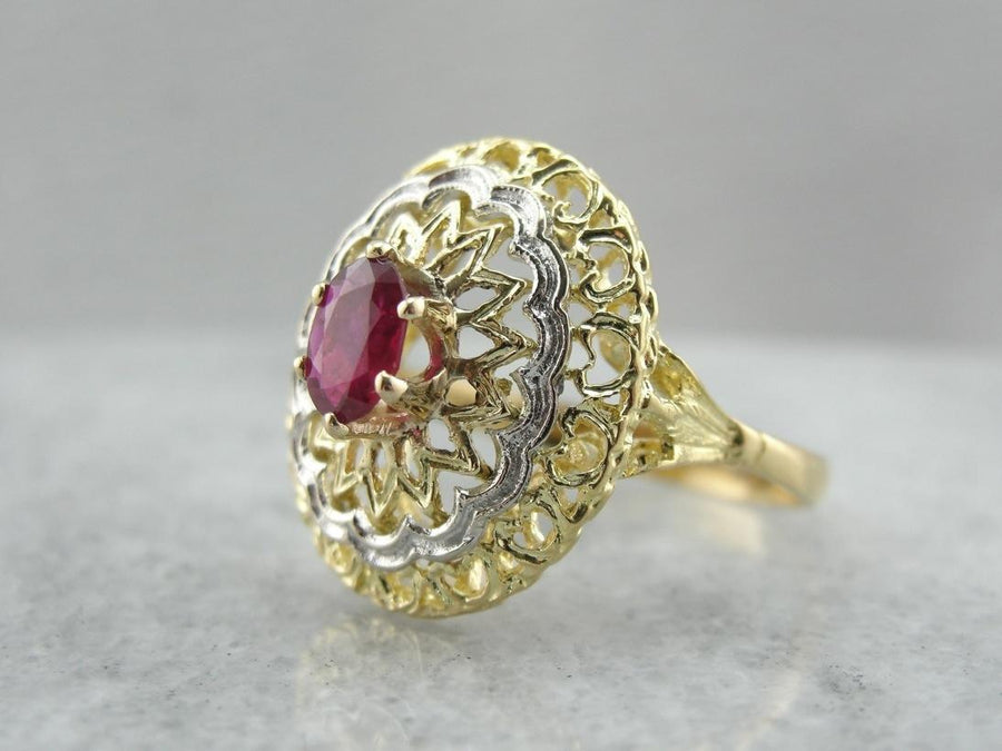 Ruby and Bright Gold Filigree Cocktail Ring