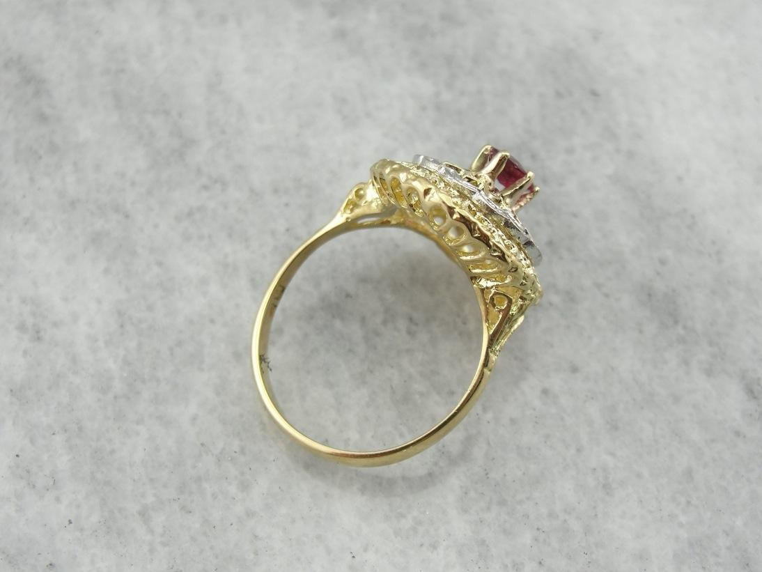 Ruby and Bright Gold Filigree Cocktail Ring