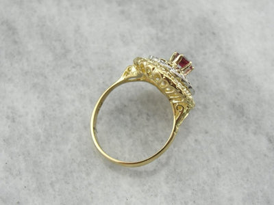 Ruby and Bright Gold Filigree Cocktail Ring
