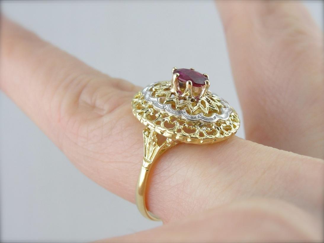 Ruby and Bright Gold Filigree Cocktail Ring