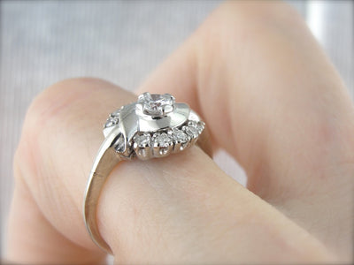Retro Era Diamond Cocktail Ring From the 1950's, Polished White Gold Bypass and Semi Halo Ring