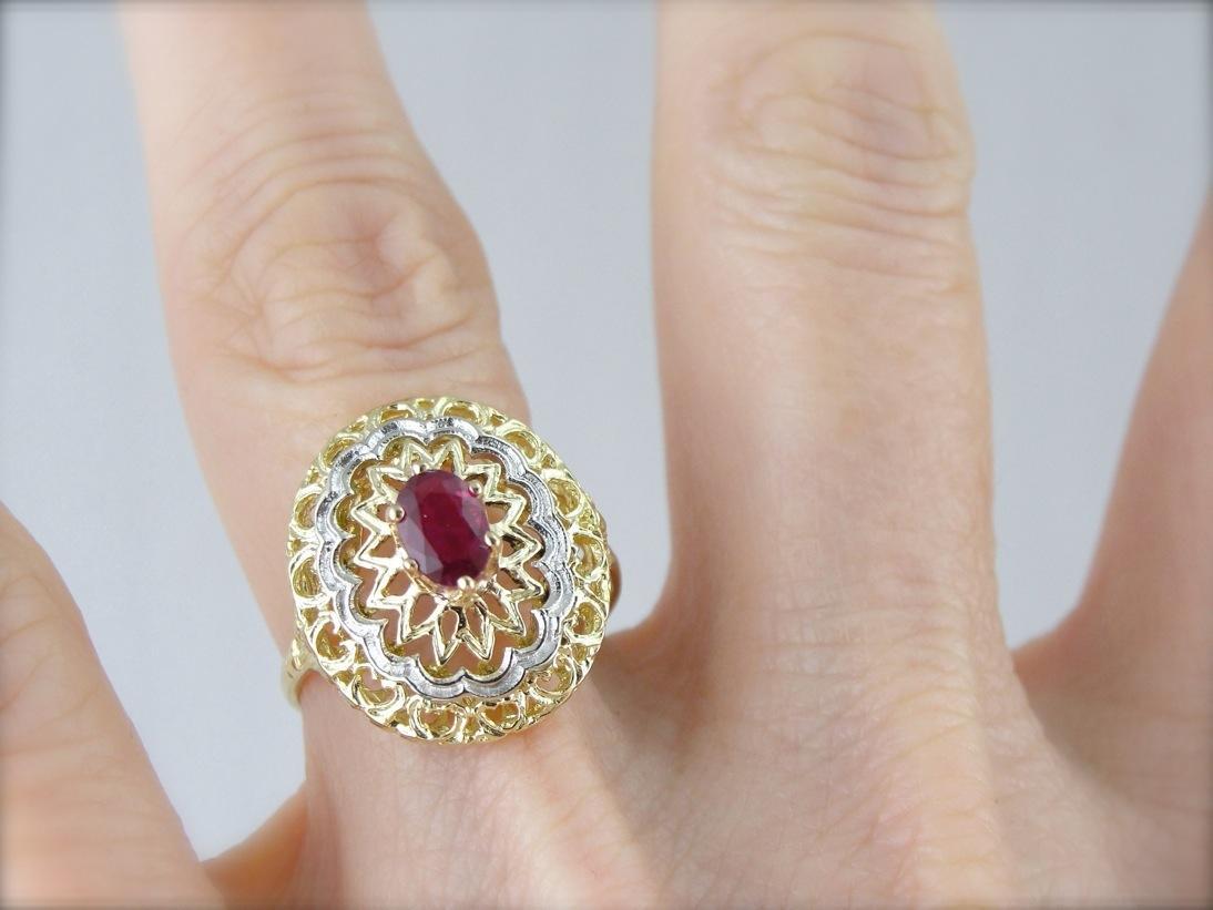 Ruby and Bright Gold Filigree Cocktail Ring