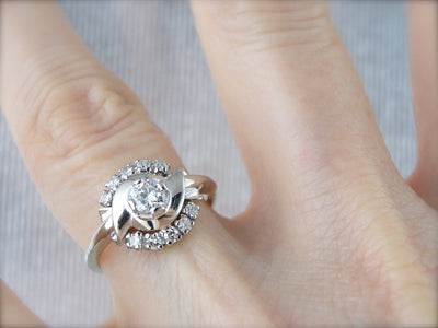 Retro Era Diamond Cocktail Ring From the 1950's, Polished White Gold Bypass and Semi Halo Ring