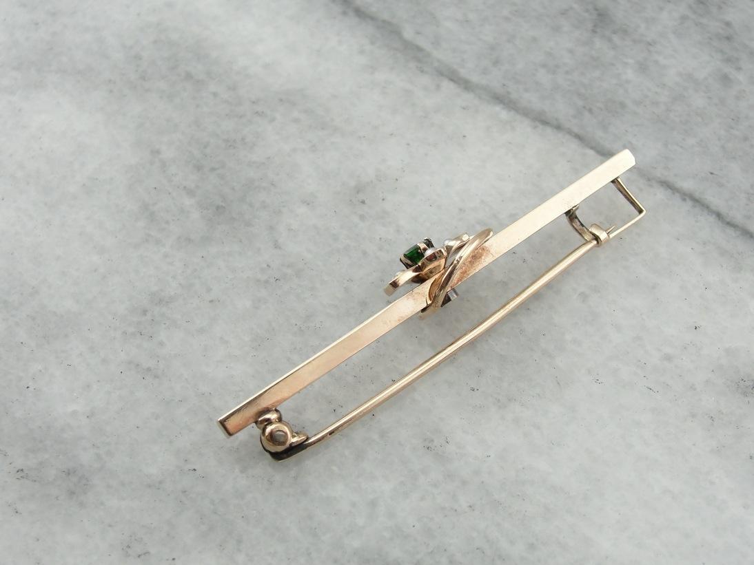 Pin de barra victoriano antiguo, de oro rosa y granate dematiodo y perla