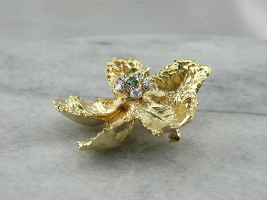 Finely Crafted Three Dimensional Floral Brooch, Demantoids and Diamonds