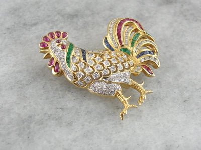 The Golden Rooster, Beautiful Ruby Diamond, Emerald and Sapphire Brooch with Handsome Chicken