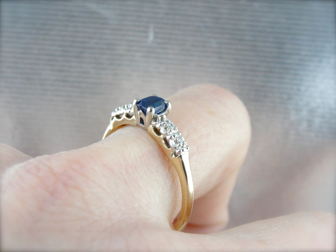 Bright Blue Sapphire Engagement Ring in Yellow and White Gold