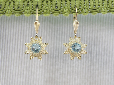 Vintage Blue Topaz Drop Earrings, Ancient Style Gold Mountings with Etruscan Theme