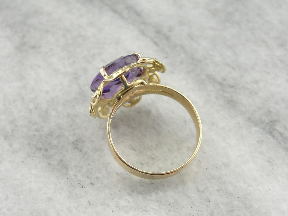 Go Maple Leafs! Vintage Carved Amethyst Cocktail Ring with Botanical Theme